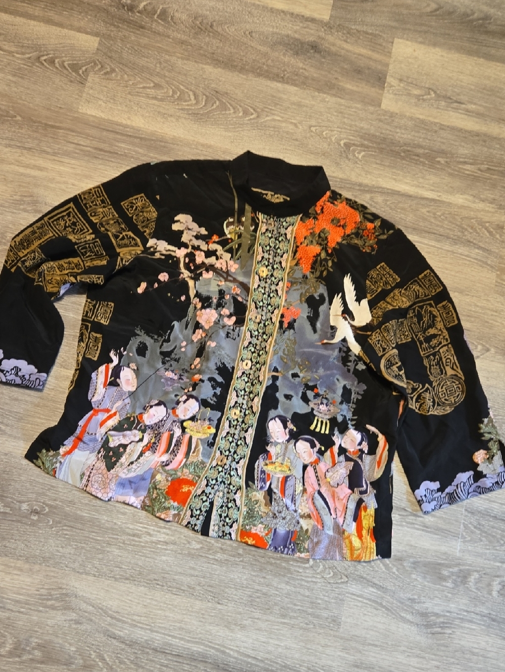 Citron Santa Monica Asian Art Inspired Silk Blouse Sz Small